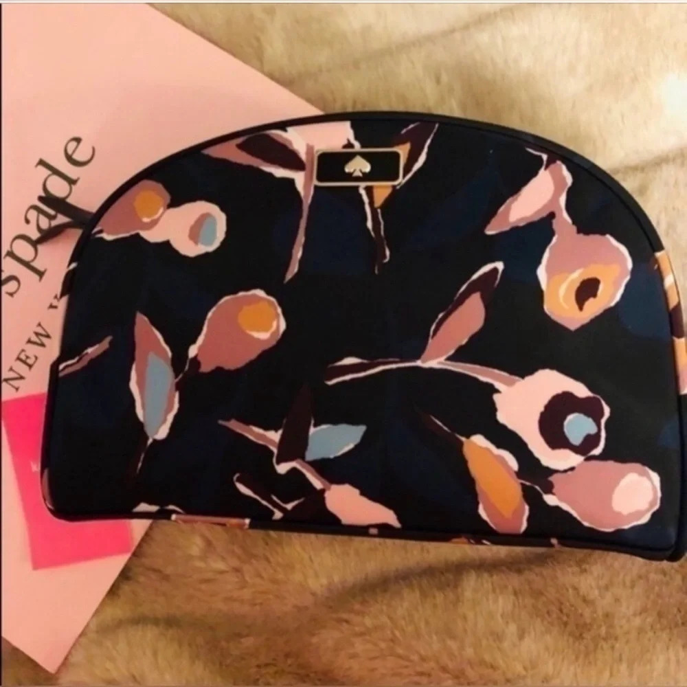 Kate Spade Floral Cosmetic Makeup Bag Navy Multi Zip Pouch NWT - Picture 3 of 4